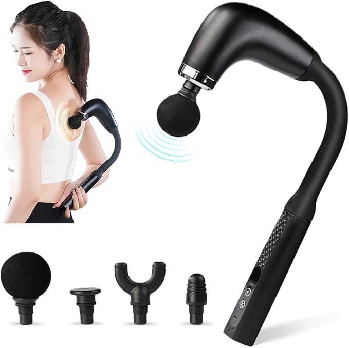 Deep Tissue Massage Gun for Back &amp Full Body – Long Handle Percussion Muscle Massager with 4 Replaceable Heads Adjustable Speeds &amp Quiet Motor – Relieve Muscle Pain Soreness &amp Stiffness