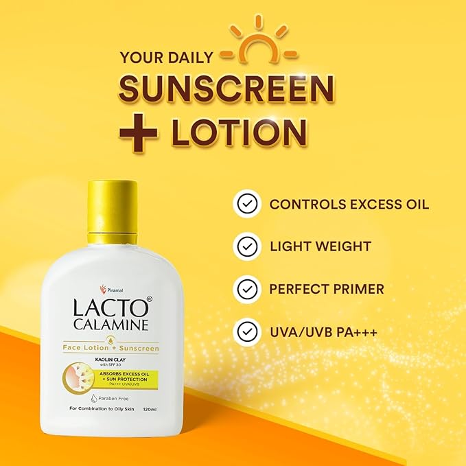 Lact'o Calamin'e Sunscreen Lotion with SPF 30 | 120ml |UVA + UVB PA+++ | Kaolin Clay &amp Zinc Oxide | Daily Face Moisturizer For Oily Skin | Lightweight &amp Non-Greasy | Face &amp Body Lotion