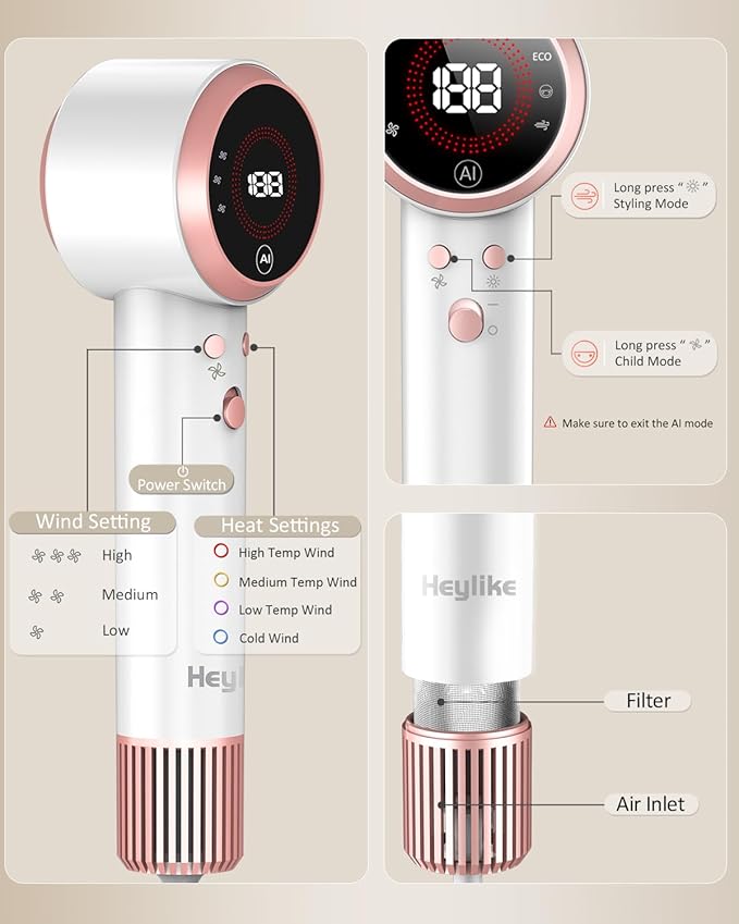 Hair Dryer AI Smart 160000 RPM High-Speed Brushless Motor Plasma Ion AI Blow Dryer with Diffuser for Fast Drying Professonal 4Temp/3Speed Thermo-Control Lightweight AI Hairdryer for Women Men Travel
