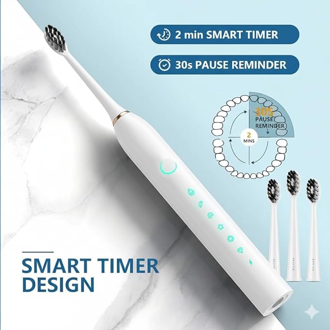 X-3 Electric Sonic Toothbrush with 2 Minute Smart Timer 30s Pause Reminder 45000 VPM 6 Modes 3 Replacement Brush Heads IPX7 Waterproof USB Fast Charging Black