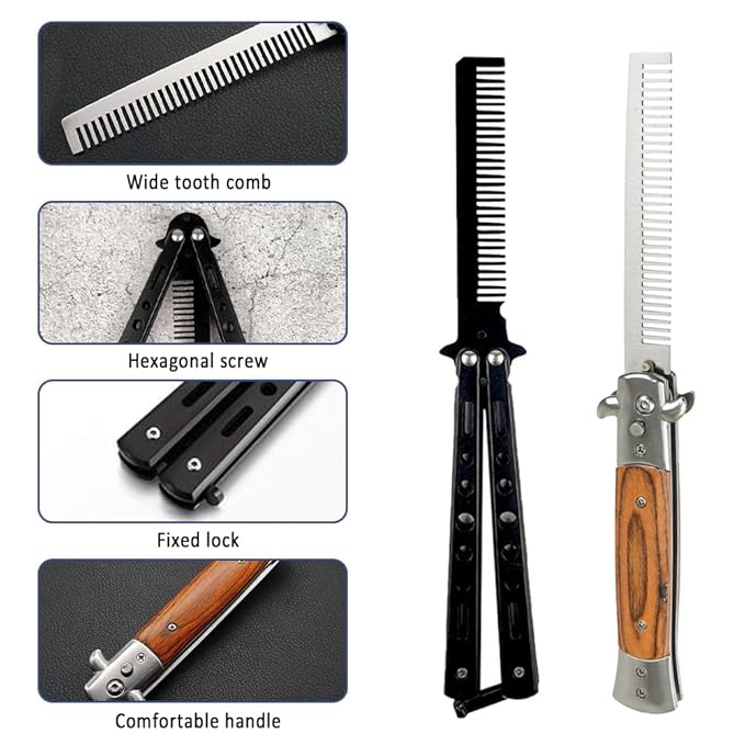 2 Piece Beard Comb Beard Comb for MenFolding Mustache Combs for Men Stainless Steel and Wood Grain Travel Metal Beard CombsBeard Beauty Tool