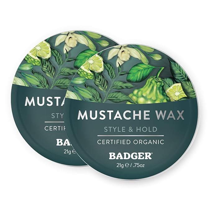 Badger Mustache Wax Medium Hold Light Masculine Scent Easy to Apply Certified Organic Versatile Moustache &amp Beard Wax .75 oz Tin 2-Pack