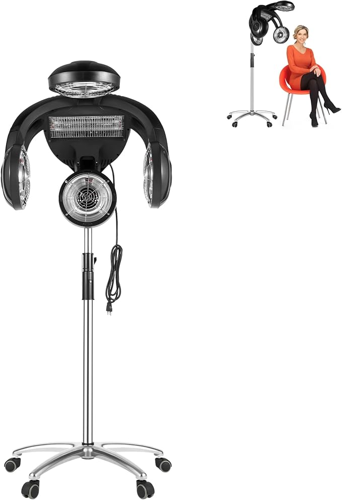 Freestanding Salon Hair Dryer Machine 1400W High Power Stand Alone Hair Dryer LCD Screen Adjustable Time/Temp/Height 5 Modes for Perm Color Decolor Care and Dry 110V