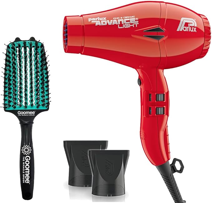 Parlux Advance Light Ionic and Ceramic Red Hair Dryer with Miracle Large Detangling Brush Mint Green – Lightweight Blow Dryer and Dual Bristle Brush for Smooth Shiny Frizz-Free Hair