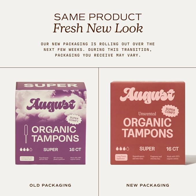 August Super Tampons - 72-Pack 100% Organic Cotton Tampons for Women and Anyone Who Menstruates Non-Toxic Fragrance-Free and Hypoallergenic with Long Applicators (3 Boxes of 24)