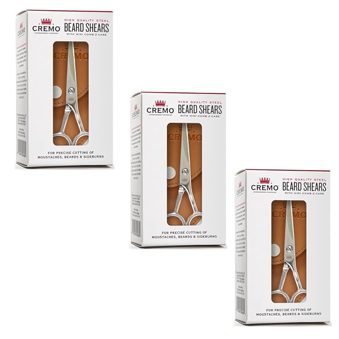 Cremo Beard and Mustache Stainless Steel Shears with Synthetic Leather Carrying Case and Comb for Precise Facial Hair Trimming (Pack of 3)