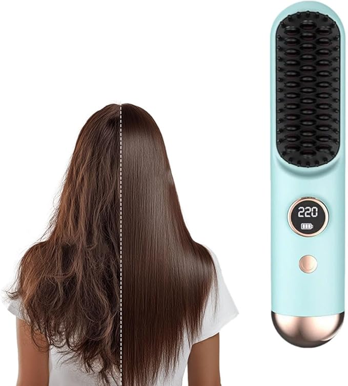 Cordless Hair Straightener Brush for Travel Portable 2-in-1 Straightening Brush with 9 Heat Settings Fast Heating Rechargeable Flat Iron Gift for Women (Blue)