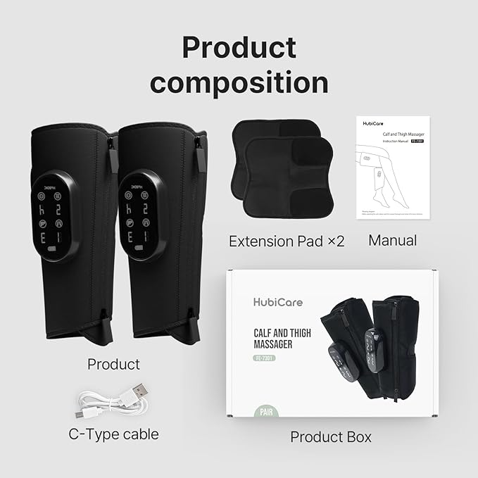 HubiCare Air Compression Leg Massager for Different Needs for Foot Calf and Thigh for Circulation and Pain Relief Wireless Rechargeable Calf Air Compression with Heat 4 Modes 3 Intensities (Pair)