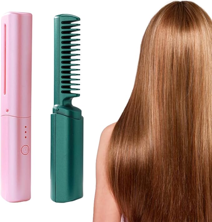 Rechargeable Mini Hair Straightener 2023 New Rechargeable Cordless Hair Straightener Brush Three Temperature Adjustment Straightening Brush 3D Hair Care Comb for Dry and Wet Hair (Green+Pink)