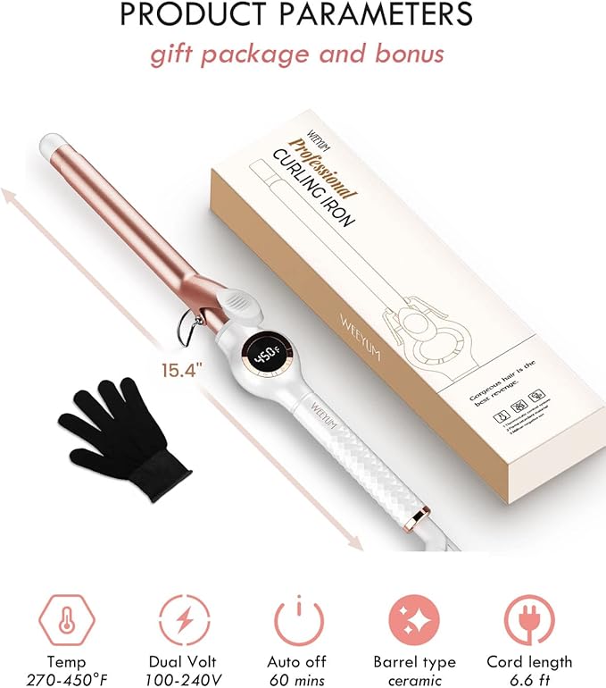 WEEYUM 3/4 Inch Curling Iron Long Barrel Curling Wand for Hair Ceramic Tourmaline Hair Curling Iron Double Voltage(100-240V)