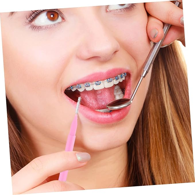 200pcs Braces Brush Small Interdental Brush Between Tooth Flossing Pick Toothpick Cleaners Oral Flosser Oral Cleaning Supplies for Travel Home Pink