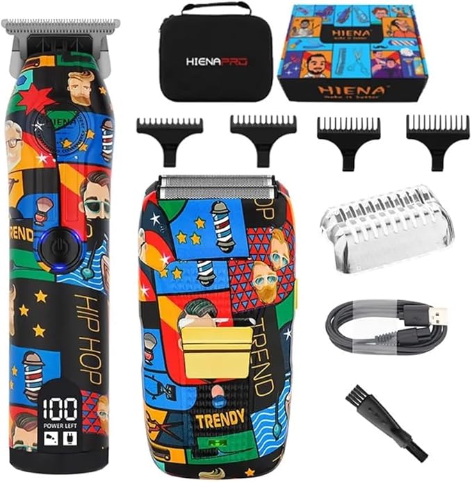 Fully Graffitied Electric Trimmer Two-Piece Set Rechargeable Cordless Hair Clippers Men's graffitied Razor Graffitied Print(Graffiti Set)