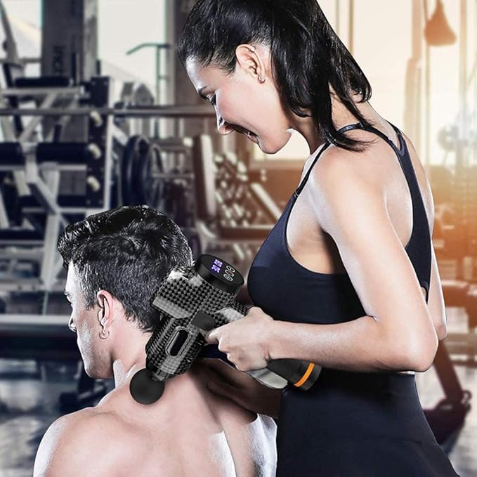 Deep Tissue Muscle Massage Gun Portable Electric Massager Ultra-Quiet 30-Speed Optional Mode with 6 Massage Heads and LCD Touch ScreenB