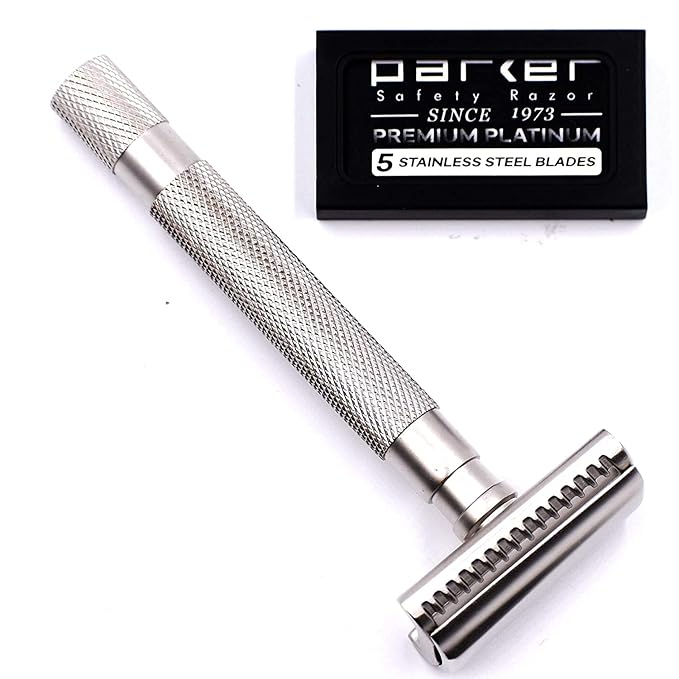 Parker Semi-Slant Safety Razor – Satin Chrome Finish | Smooth Efficient Double Edge Wet Shaver for Men | Slanted Cutting Action + 5 Platinum Blades Included | Iconic Brand