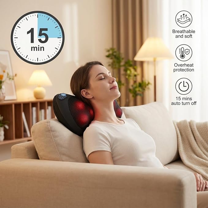 MLVOC Neck Massager &amp Back Massager with Heat - Portable 3-Speed Shiatsu Massage Pillow for Body Relief 37°C Thermal Therapy Rechargeable 2000mAh Battery for Home/Car/Office/Travel Use