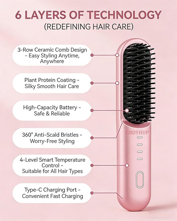 2026 Upgraded Portable Cordless Hair Straightening Brush Fast Heating &amp USB-C Rechargeable Wireless Mini Hair Straightener Styling Brush for Women Short Hair Travel 3 Temperature Settings(Pink)
