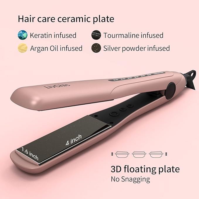 Flat Iron Hair Straightener Ceramic Tourmaline Hair Straightens and Curls Adjustable Temp up to 450 Degree Avoid Snagging 1.5 inch Wide Enough