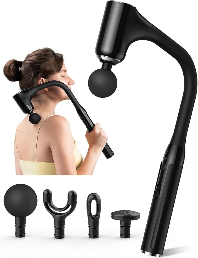 Massage Gun Deep Tissue - Back Massager for Pain Relief Deep Tissue with Extended Handle 12MM Percussion Less-Shock Neck/Foot/Leg/Shoulder Massager Infinitely Adjustable Speed &amp 4 Replaceable He