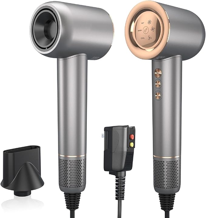 Hair Dryer - 110000 RPM High-Speed Brushless Motor Negative Ionic Blow Dryer for Fast Drying Low Noise Thermo-Control Hair Dryer with Magnetic Nozzle Silvery
