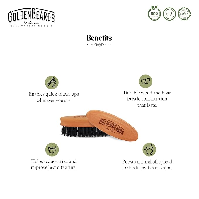 Golden Beards Travel Beard Brush – Pear Tree Wood Handle &amp Natural Boar Bristles – Compact Grooming Tool That Fits in Your Bag Perfect for Beard Maintenance on the Go