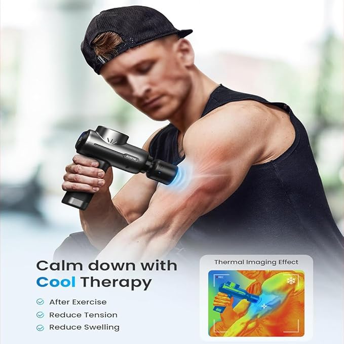 Massager Hot and Cold Massager Deep Tissue Back Massage 14mm Massage Depth 12 Frequency Levels Touch Screen 7 Interchangeable Heads 1500mah Muscle Massage for Pain Relief
