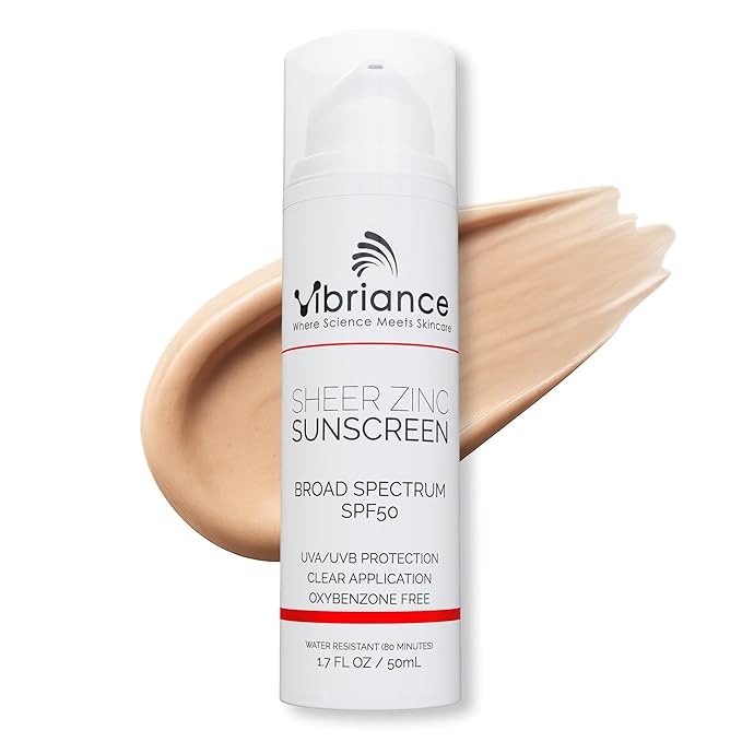 Vibriance Sheer Zinc Sunscreen - Tinted Sunscreen for Face SPF 50 Lightweight Facial Moisturizer with Niacinamide Hyaluronic Acid - 1.7 fl oz