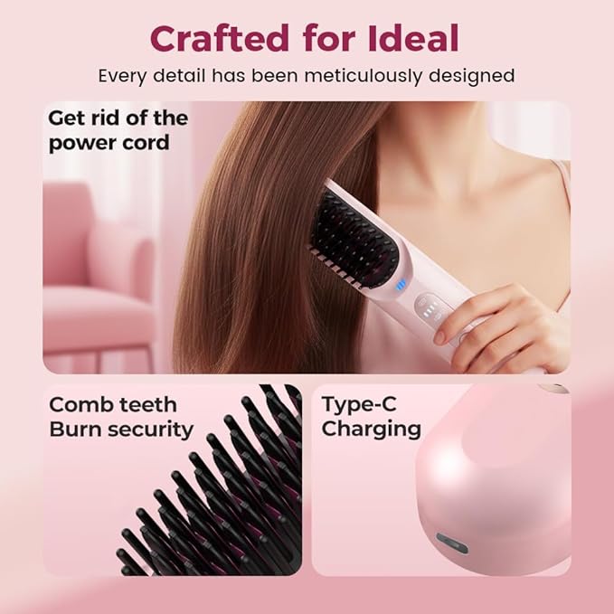 Upgraded GO Brush for Short Hair 2026 New GO Brush Portable Straightener Three-Level Temperature Adjustment Ceramic Coating Fast Heating Temperature Display Hair Styling Travel Home (Pink)