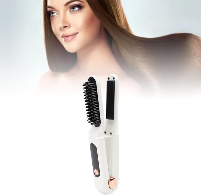YUYTE Hair Straightener Brush for Women: 2 in 1 Curling &amp Straightening Brush with Dust Cover Ceramic Hot Comb with 3 Temps for Hair Styling (White)
