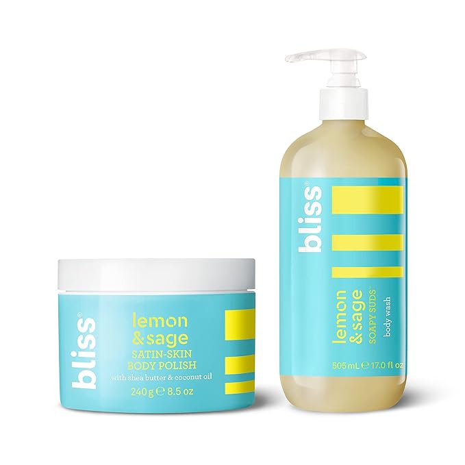 Bliss Lemon Love Exfoliating Duo: Soapy Suds Body Wash &amp Body Scrub with Shea Butter and Coconut Oil - Lemon and Sage - 17 Fl Oz - Gentle and Hydrating for Supremely Soft Skin