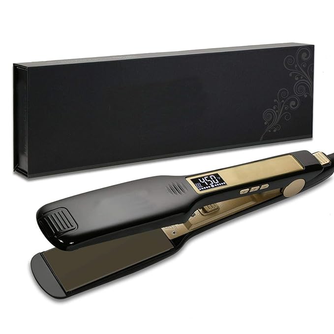 WALLER PAA Flat Iron 1.75 Inch Titanium Plates Pro Hair Straightener Heats Up Fast Adjustable Heat Settings Auto Shut-Off Digital Display Dual Voltage Instant Heat Temperature Display Travel Lo