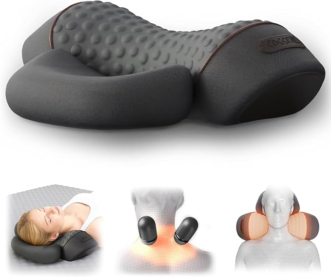 3-in-1 Neck Massage Pillow for Women Men with Memory Foam Heat Heating Traction Function to Relieve Shoulder Pain 3D Ergonomic Cervical Hump Corrector Massager for Home Office