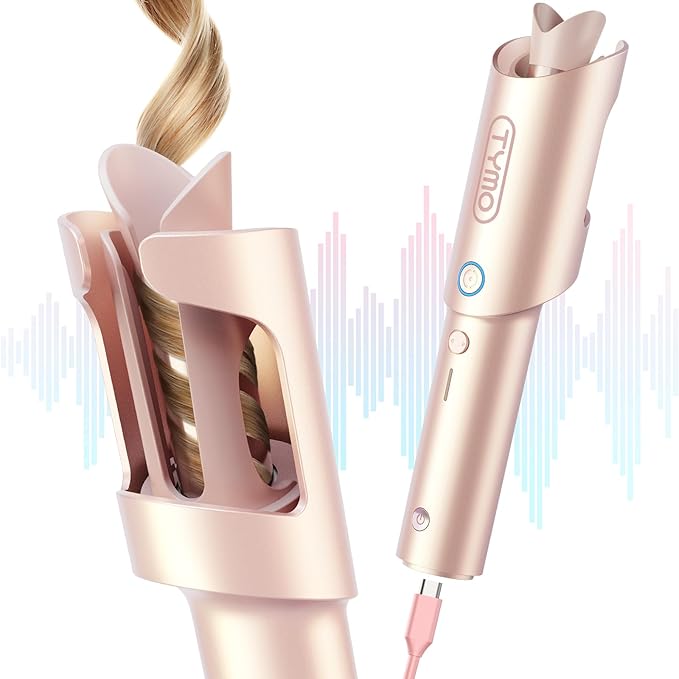 TYMO Cordless Automatic Curling Iron - TYMO CurlGo 1 Inch Beach Waves Rotating Curling Wand Portable Hair Curlers for Travel Dual Voltage &amp Rechargeable Curler for Women Tangle-Free Gold Blush