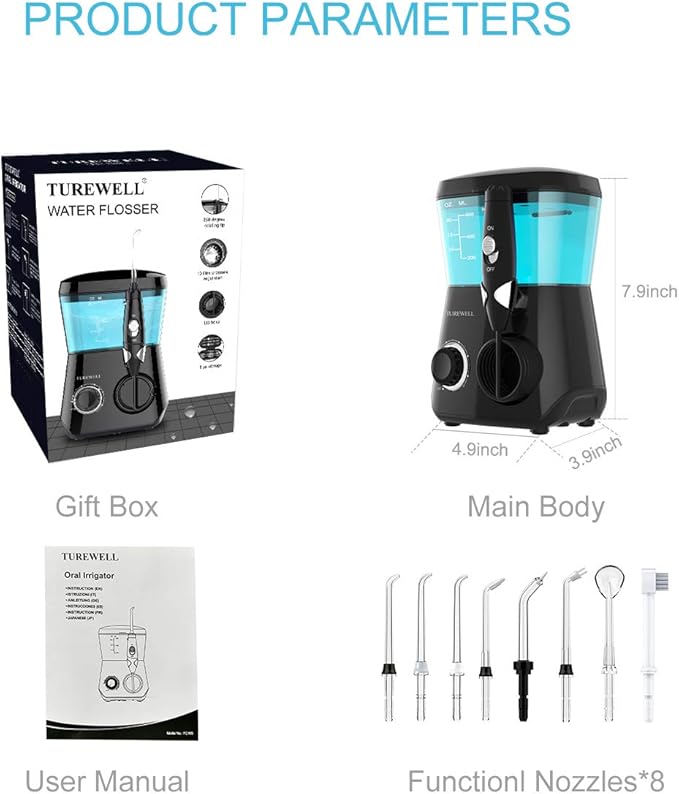 TUREWELL Water Flossing Oral Irrigator 600ML Dental Teeth Cleaner 10 Adjustable Pressure Electric Oral Flosser for Braces 8 Replacement Jet Tips for Family (Black)