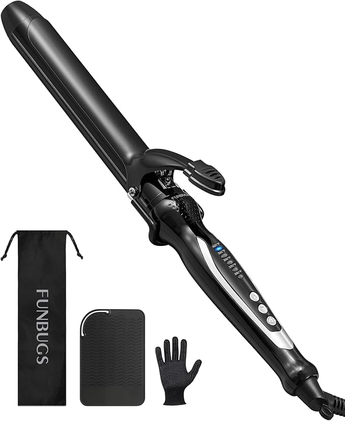 1.25'' Double Ceramic Long Barrel Curling Iron - 8'' Extended Wand | 5 Heat Settings | Dual Voltage | Auto Shut-Off | Anti-Slip Styling for Long Hair (Bag Mat Glove)