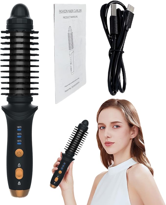 Hair Curling Wands - Small Hair Curling Iron Travel Cordless Heated Round Brush | USB Rechargeable Large Capacity Heat Styling Curling Brush3 Gear Temperature Grooming Tool for Business Triphotel