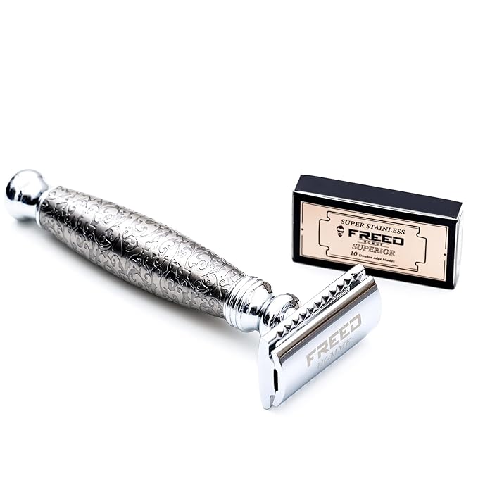 FREED Vintage Handmade Double-edge Razor with alloy Etched Engraving and 10 Japanese Stainless Steel Double Edge Safety Razor BladesIt's the best gift for men fathers or birthday