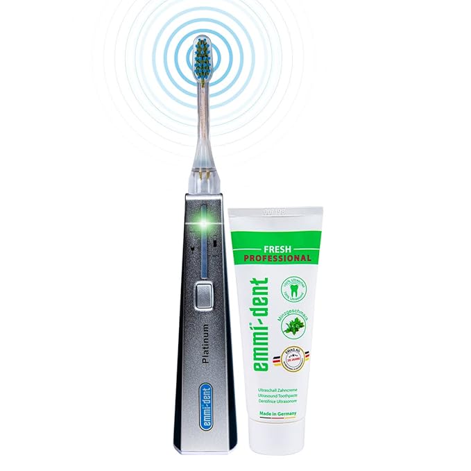 Emmi-dent Electric Toothbrush Set - Carbon Edition. 100% Ultrasound Technology removes Harmful Plaque Without Abrasive Brushing. Ideal for Sensitive Teeth &amp Gums. Includes Nano-Bubble Toothpaste.