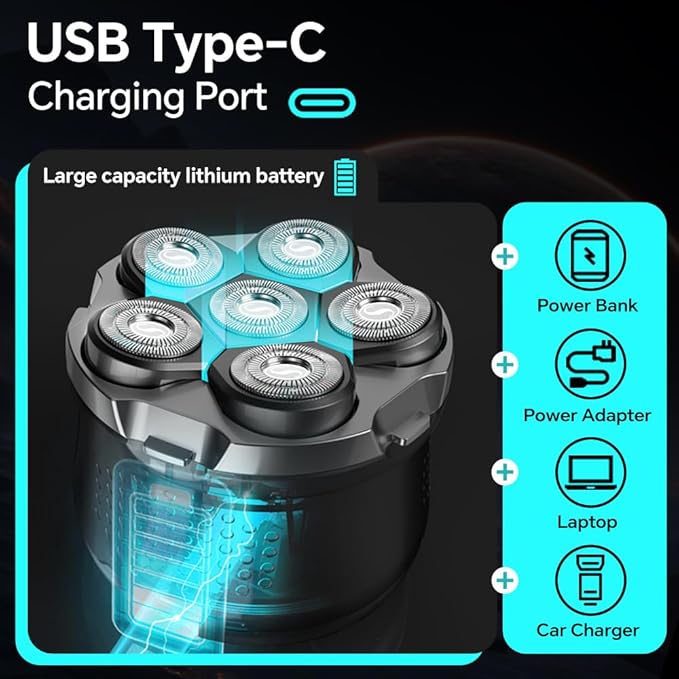 Electric 6D Floating Head Shavers for Bald Men Magnetic Rotary Shaver for Men FaceWet Dry IPX6 Men's Razor LED Display Rechargeable with USB-C Charge