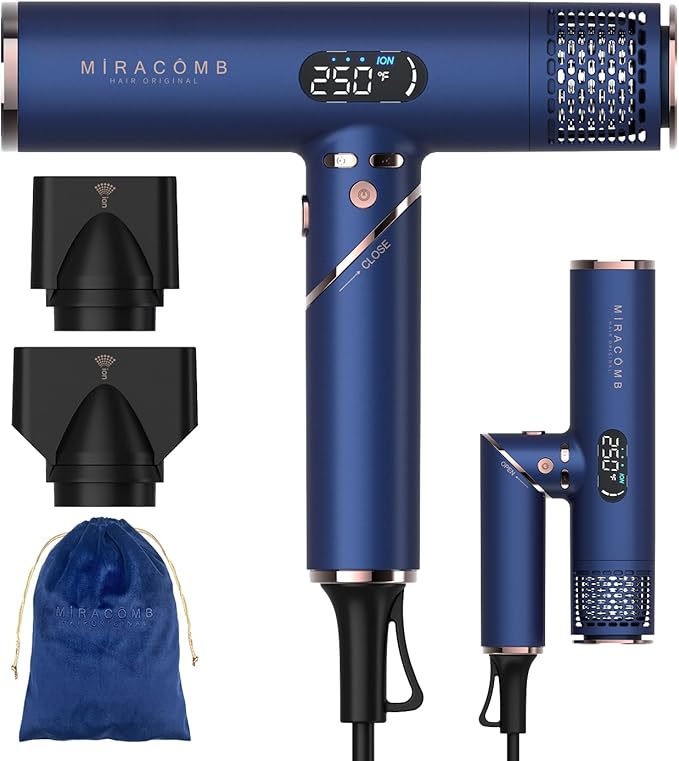 MIRACOMB Foldable Travel Hair Dryer Powerful Ionic Blow Dryer Pro with Brushless Motor for Fast Drying Lightweight Portable Hairdryer for Women/Men Digital Heat/Speed Settings with 2 Nozzles