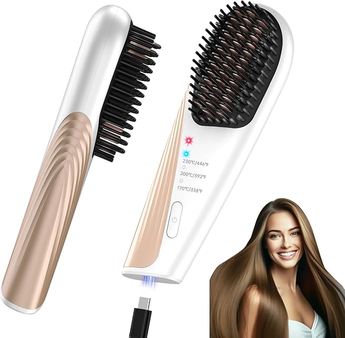Go Brush Pro Cordless Hair Straightener Brush - Portable Travel-Friendly 30s Quick Heat 10000mAh USB-C Rechargeable 150M Negative Ions (White(10000mAh))