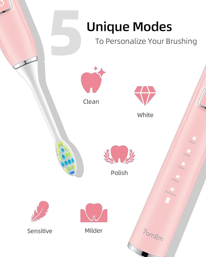 7AM2M Electric Toothbrush 2 Pack Set for Kids and Adults 12 Brush Heads5 Adjustable Modes Built-in 2-Minute Smart Timer Wireless Fast Charge for 60 DaysIPX7Waterproof SonicToothbrush(Green+Pink)
