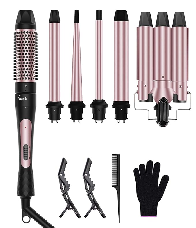 6 in 1 Wand Curling Iron Set 3 Barrel Curling Wand Set with Thermal Brush (1.5) and 5 Interchangeable Ceramic Hair Wand Curler (0.35-1.25) Home Travel Multi Curl 2 Temp 30S Instant Heat Up