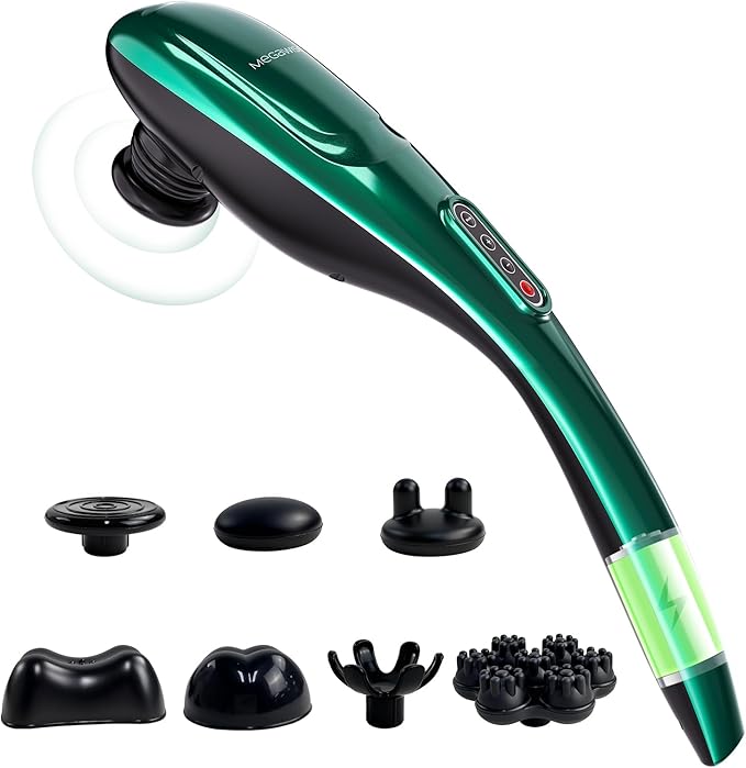 MEGAWISE Handheld Back Massager w/Rechargeable 3200mAh Battery 5 Speed and 5 +2 Massage Nodes with Hard (Dark Green)