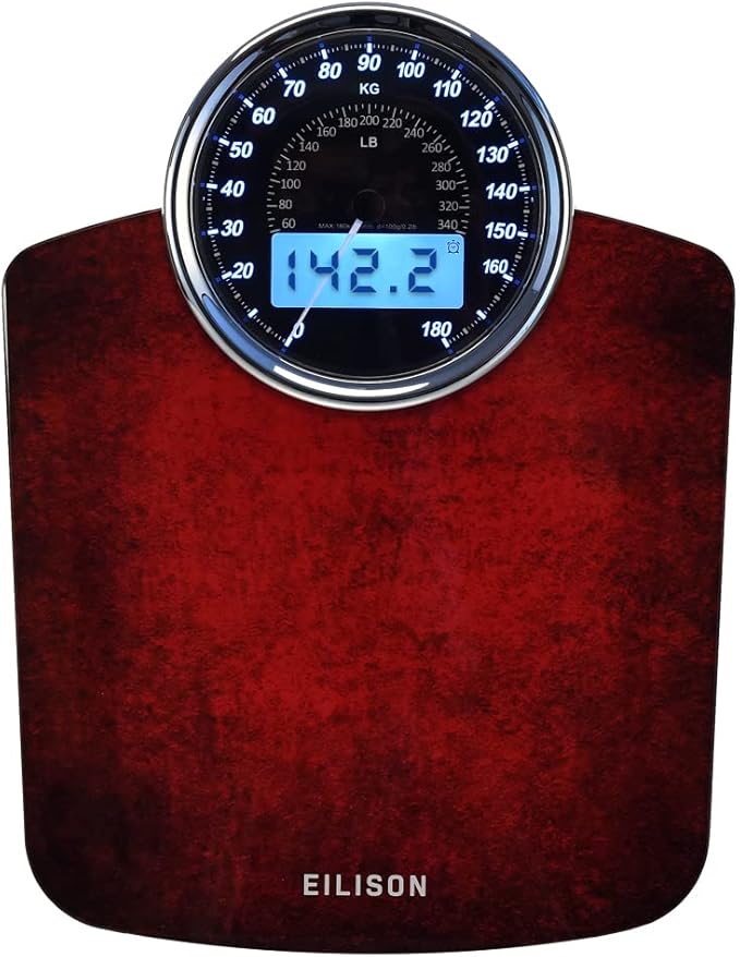 EILISON Highly Advance 2-in-1 Digital &amp Analog Weighing Scale for Body Weight-400lbs 4 High Precison GX Sensor Accurate Thick Tempered Glass Extra Large Display (Red)