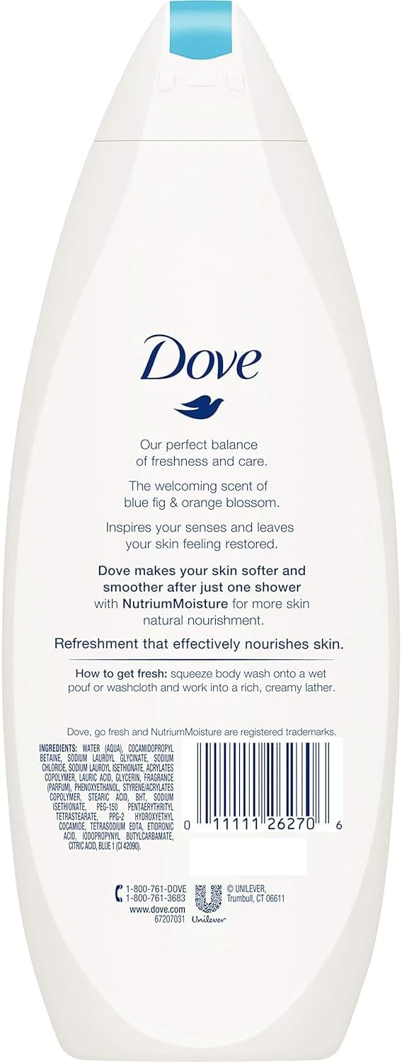 Dove Body Wash - Go Fresh - Restore - With Blue Fig &amp Orange Blossom Scent - Net Wt. 22 FL OZ (650 mL) Per Bottle - Pack of 3 Bottles