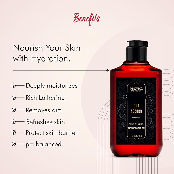 The love co Oud Accord Body Wash | Organic and Vegan Long-Lasting Scent | Nourishing Shea Butter Vitamin E and Niacinamide | Cruelty-Free and Paraben-Free | 50ml.