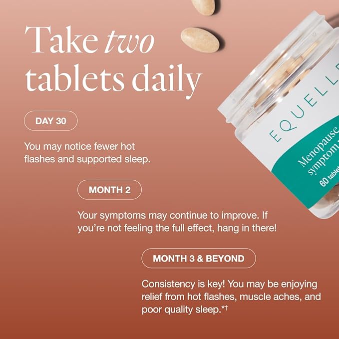 EQUELLE Multi-Symptom Perimenopause &amp Menopause Relief Relief from Hot Flashes Muscle Aches &amp Supports More Sleep. Hormone-Free Plant-Based S-Equol – 2 Month Supply (120 Tablets)