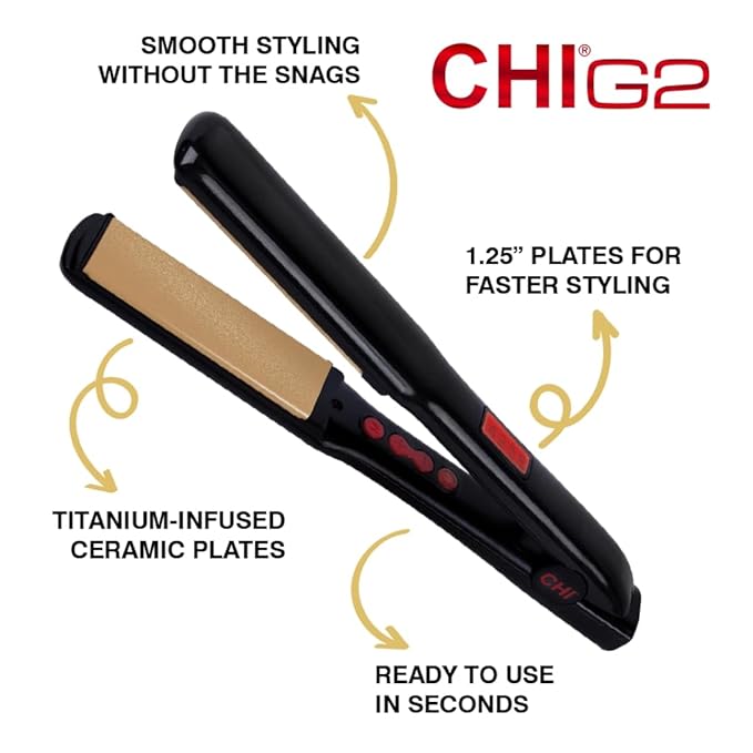 CHI G2 Titanium Infused Ceramic 1.25 Flat Iron Hair Straightener Digital Temperature Control Color-Coded Heat Settings for All Hair Types Fast Heat-Up &amp Smooth Frizz-Free Finish