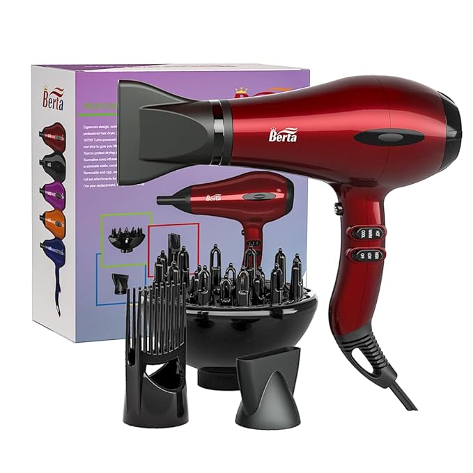 BERTA 1875W Powerful Negative Ions Hair Dryer Ceramic Professional Far Infrared Blow Dryer 2 Speeds 3 Heating Settings (3 Attachments)