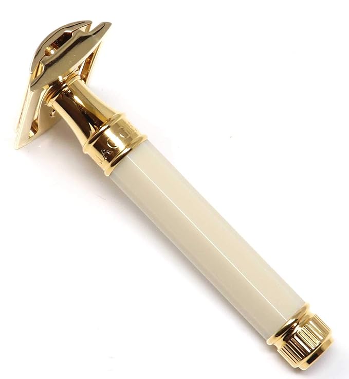 Double Edge Safety Razor Regular Handle Imitation Ivory and Gold Plated Octagonal